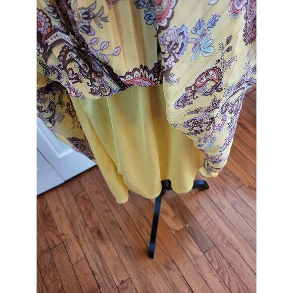 Yellow Paisley Faux Wrap Dress and Slip Pleated Sheer XL Boho Cottage TradWife - Picture 5 of 9